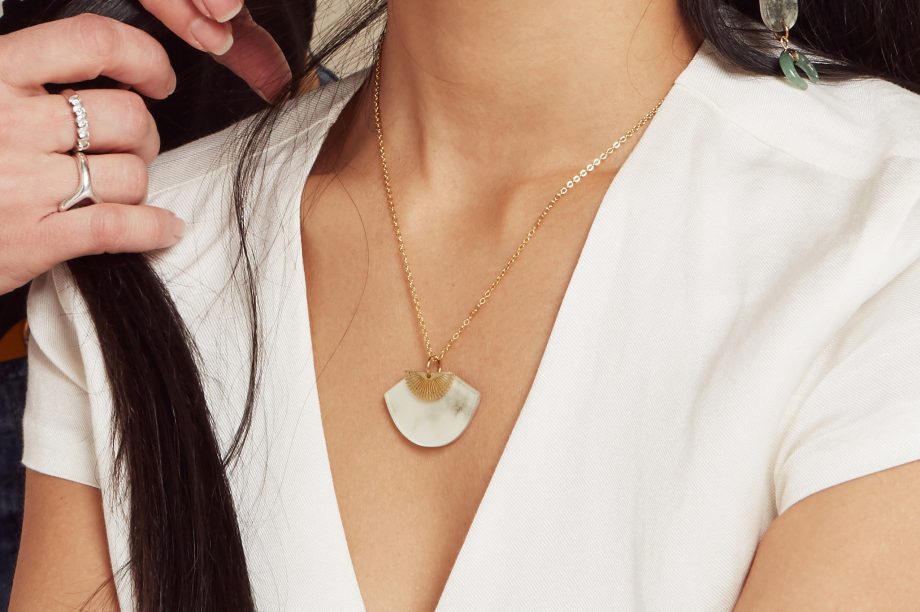 Fan & Sunset necklace - White Marble & Brass Art Deco acrylic gold vermeil pendant