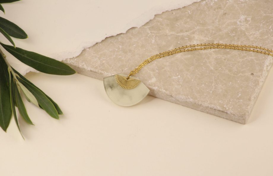 Fan & Sunset necklace - White Marble & Brass Art Deco acrylic gold vermeil pendant