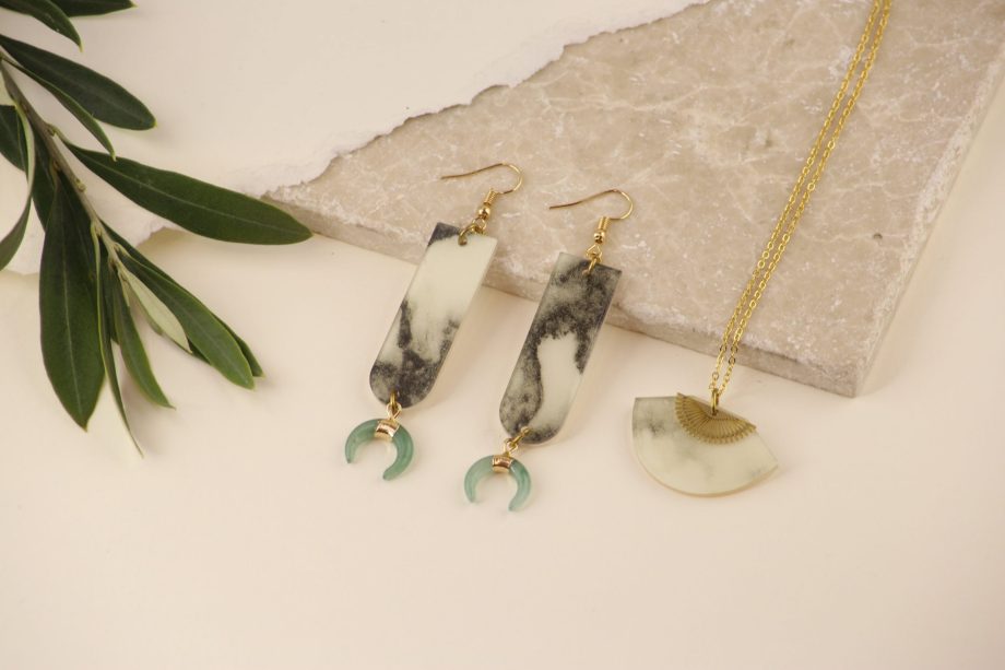Fan & Sunset necklace - White Marble & Brass Art Deco acrylic gold vermeil pendant