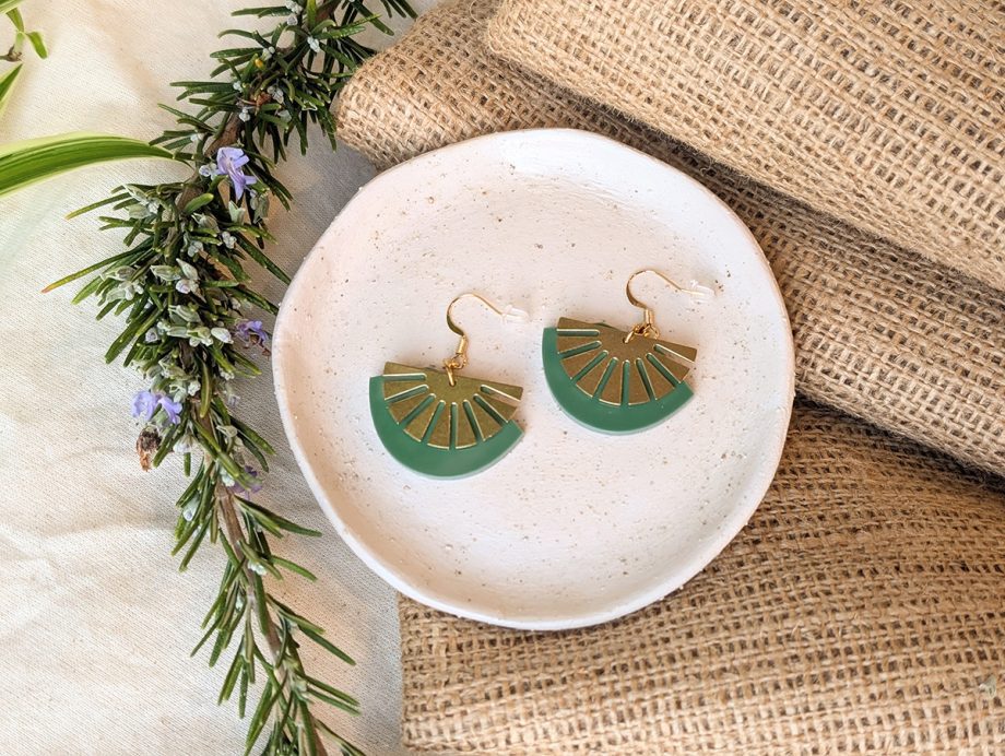 Leafy Green Brass Art Deco Acrylic Gold Plated Hook Fan Drop Earrings