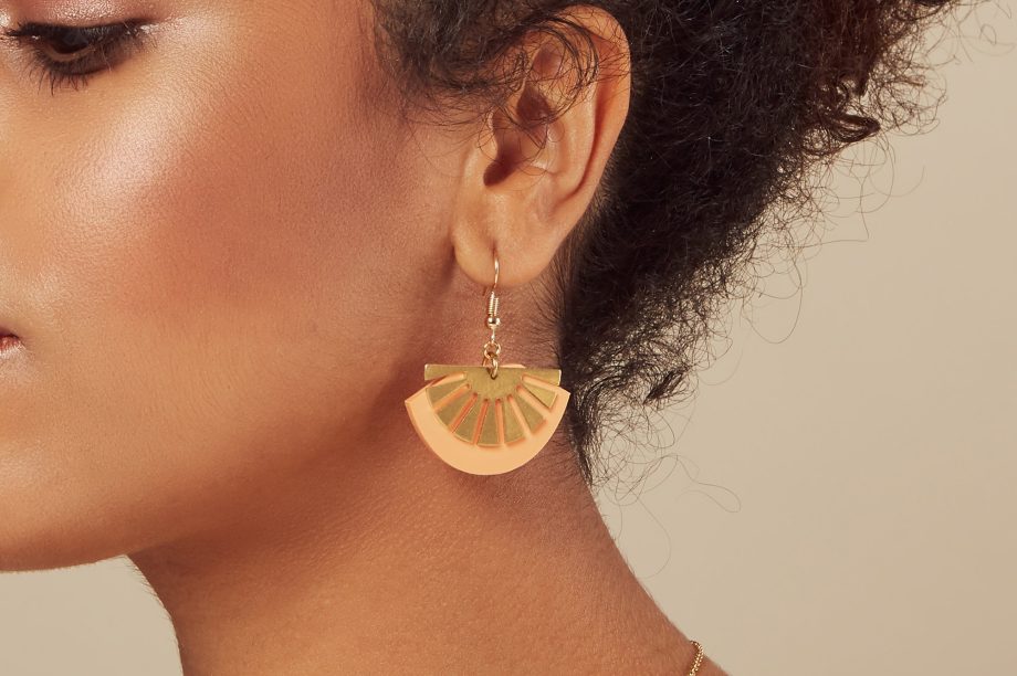 Leafy Green Brass Art Deco Acrylic Gold Plated Hook Fan Drop Earrings