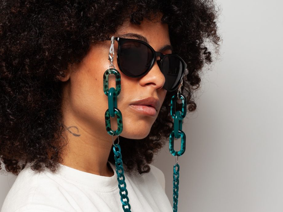 Raya Large Teal Leopard acrylic chain - perfect for wearing with sunglasses and as glasses holder