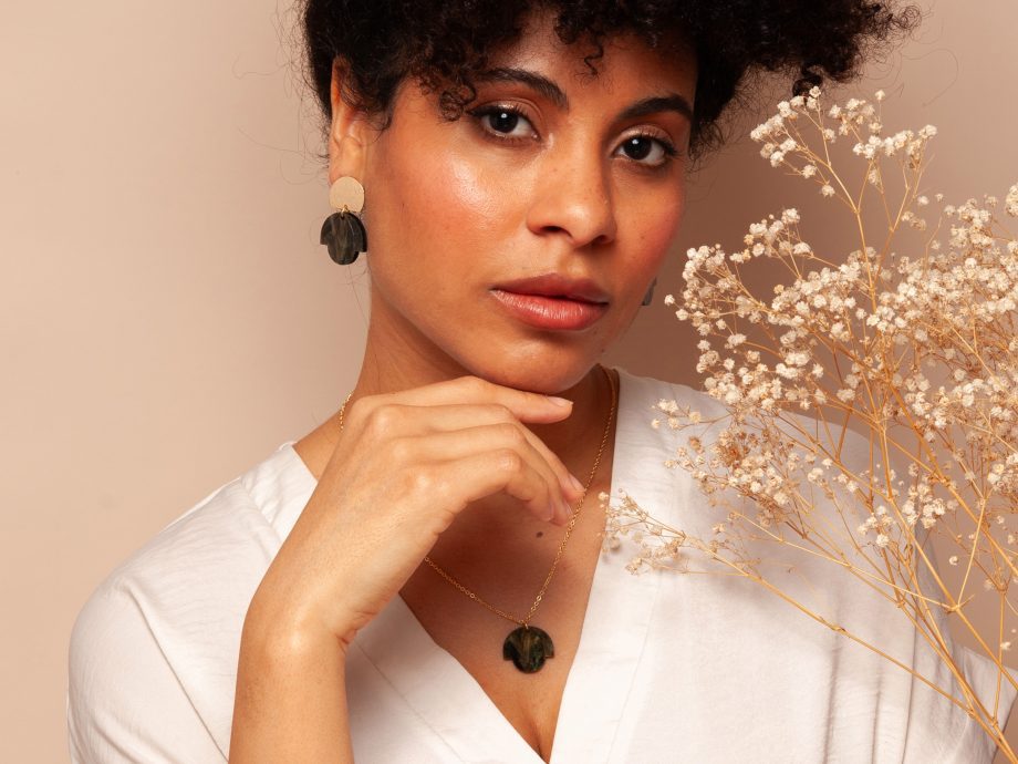 Bloom Deco Green Marble Earrings on 18K Gold Plated Studs - Art Deco Acrylic & Brass Statement Earrings