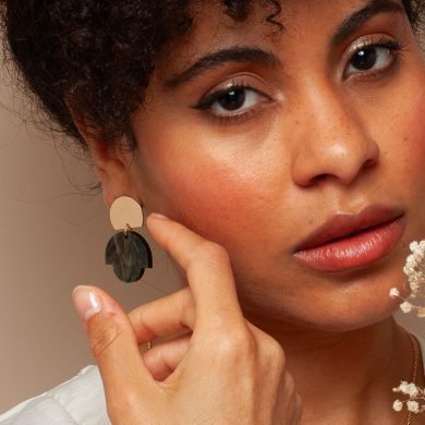 Bloom Deco Green Marble Earrings on 18K Gold Plated Studs - Art Deco Acrylic & Brass Statement Earrings
