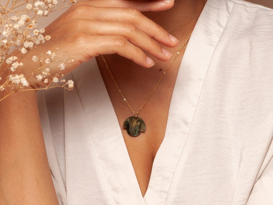 Bloom deco necklace green marble on Gold plated chain