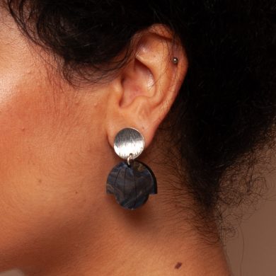 Bloom Deco Blue Marble Silver Earrings Studs - Art Deco Acrylic & Silver Statement Earrings