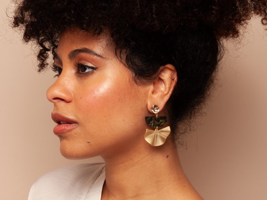 Colette - Half Moon Green Marble Acrylic & Brass on 24kt Gold Plated Studs Statement Earrings