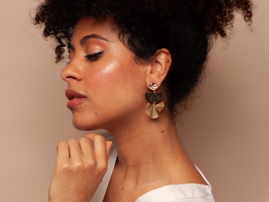 Colette - Half Moon Green Marble Acrylic & Brass on 24kt Gold Plated Studs Statement Earrings