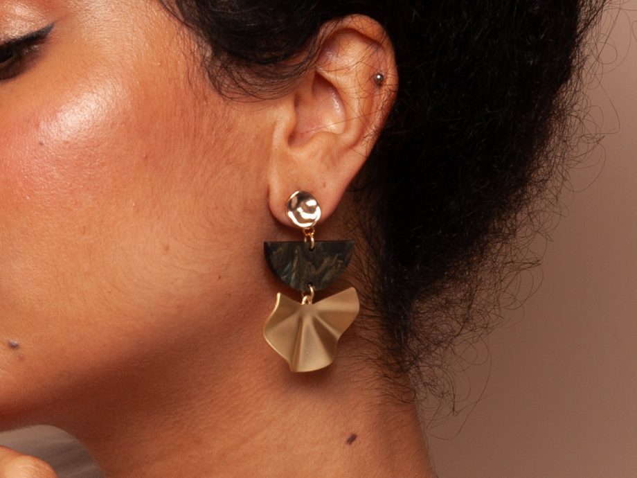 Colette - Half Moon Green Marble Acrylic & Brass on 24kt Gold Plated Studs Statement Earrings