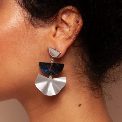 Colette - Half Moon Blue Marble Acrylic & Silver Fan Statement Earrings