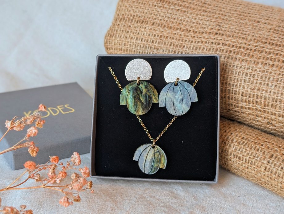 Art Deco Inspired Bloom Deco Green Marble Statement Earring & Necklace Gift Set