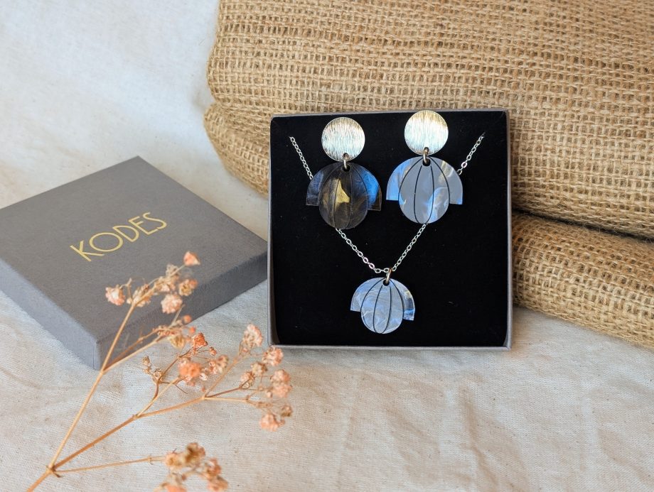 Art Deco Inspired Bloom Deco Blue Marble Silver Statement Earring & Necklace Gift Set