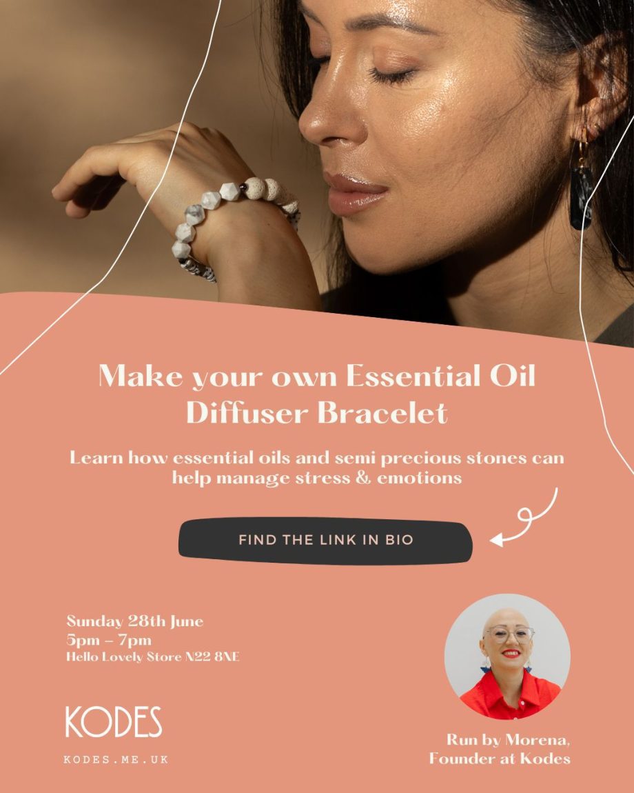 Make your own unique Essential Oil Diffuser Bracelet & learn how to use essential oils and semi precious stones to help you manage stress and emotions