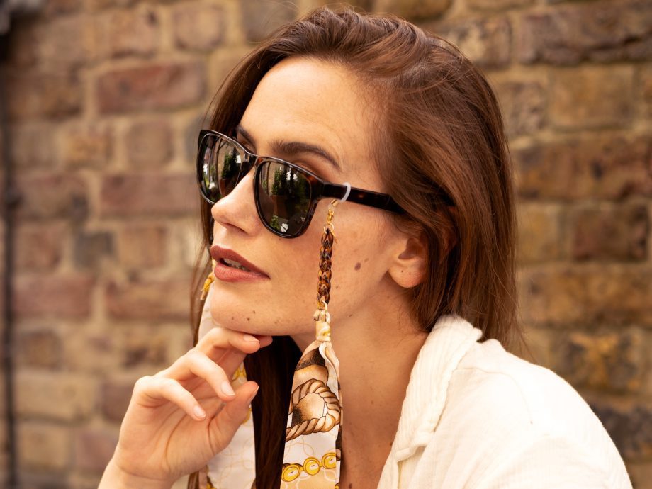 Brigitte - Cream Tan Gold Riviera Print Fabric Tortoiseshell Glasses Chain