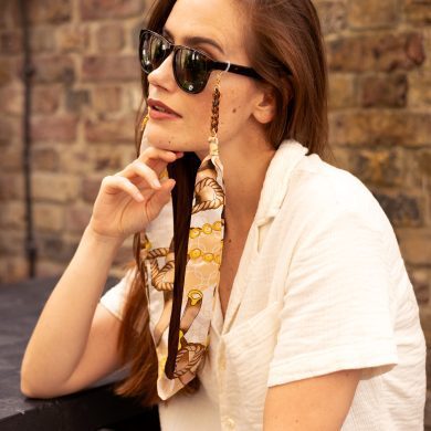 Brigitte - Cream Tan Gold Riviera Print Fabric Tortoiseshell Glasses Chain