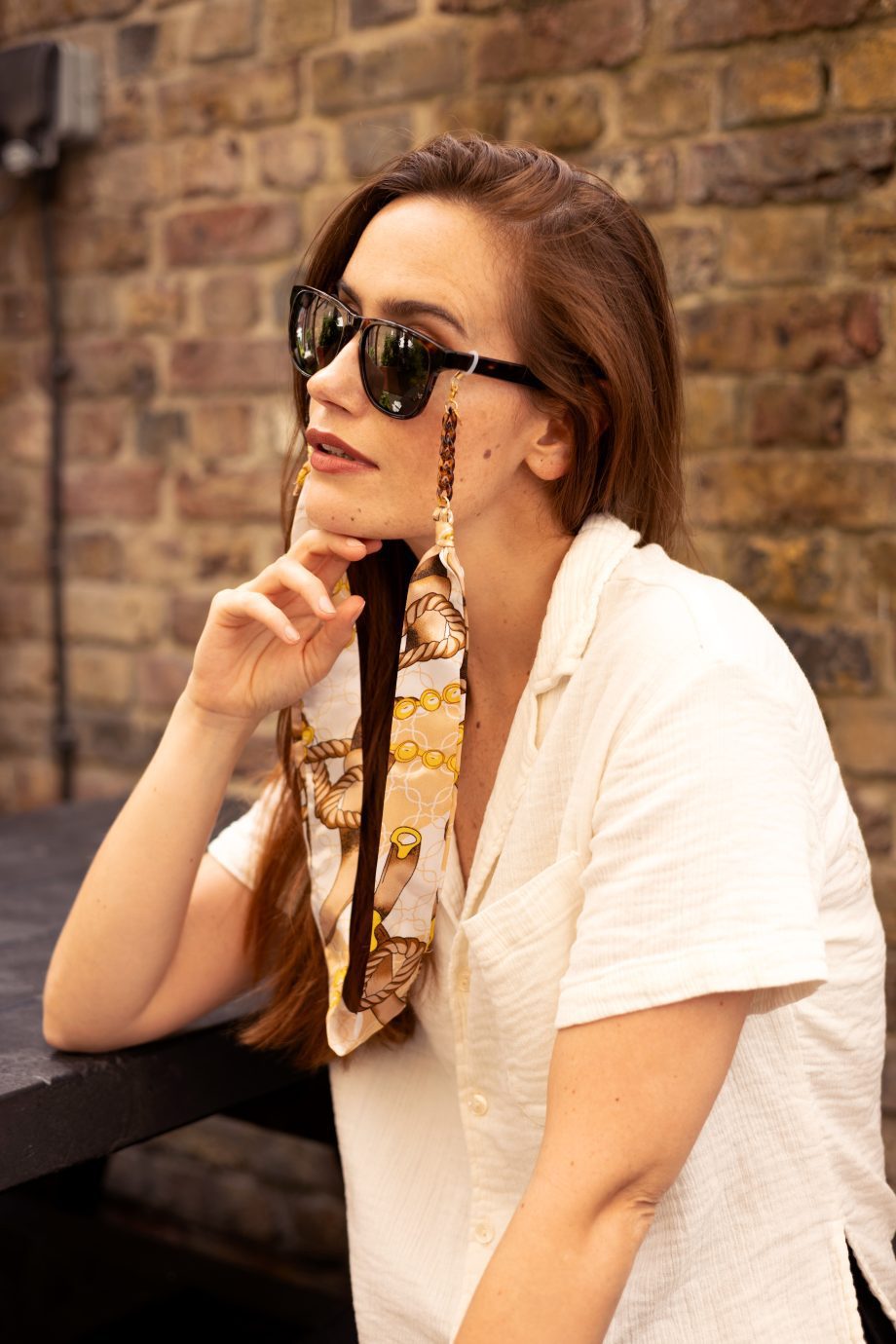 Brigitte - Cream Tan Gold Riviera Print Fabric Tortoiseshell Glasses Chain