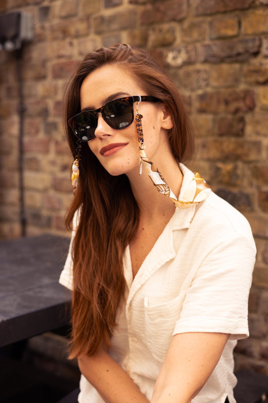 Brigitte - Cream Tan Gold Riviera Print Fabric Tortoiseshell Glasses Chain
