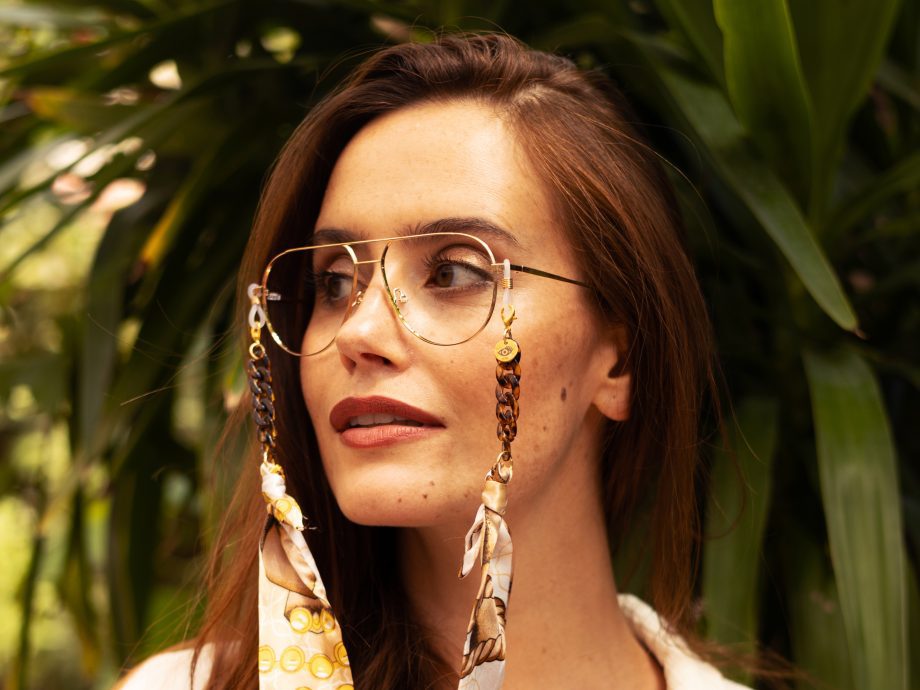 Brigitte - Cream Tan Gold Riviera Print Fabric Tortoiseshell Glasses Chain