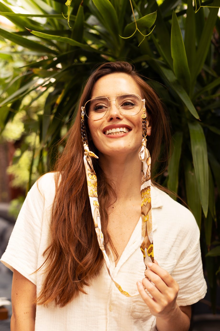 Brigitte - Cream Tan Gold Riviera Print Fabric Tortoiseshell Glasses Chain