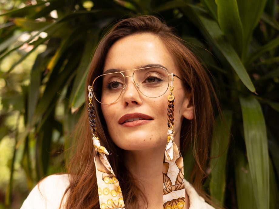 Brigitte - Cream Tan Gold Riviera Print Fabric Tortoiseshell Glasses Chain