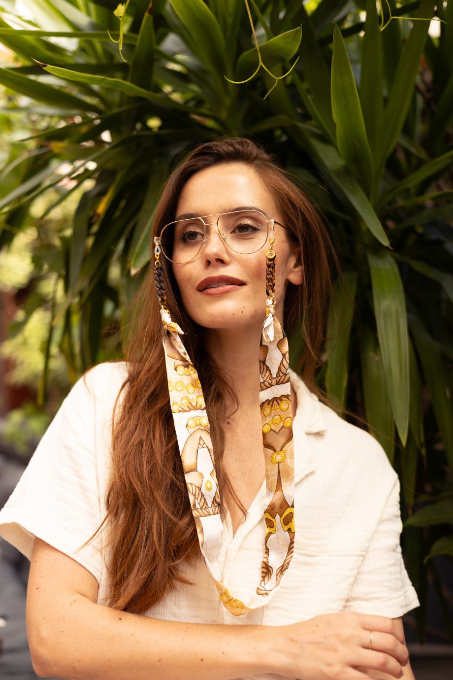 Brigitte - Cream Tan Gold Riviera Print Fabric Tortoiseshell Glasses Chain