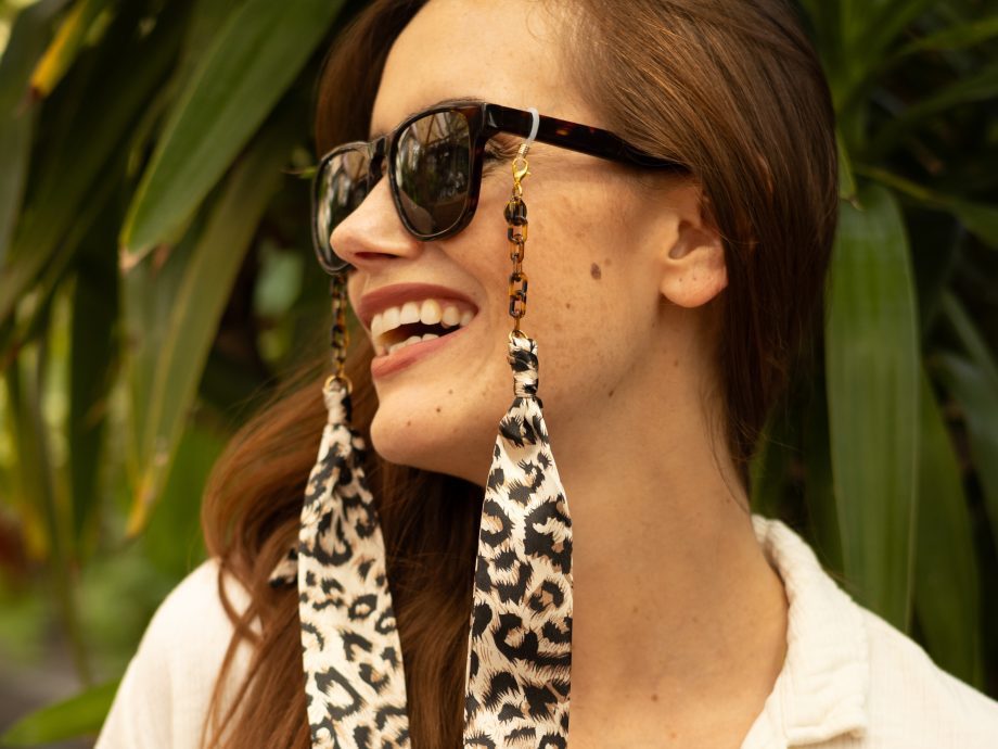 Cleo - Leopard Print Fabric Tortoiseshell Paperclip Glasses Chain