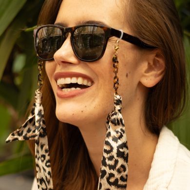 Cleo - Leopard Print Fabric Tortoiseshell Paperclip Glasses Chain