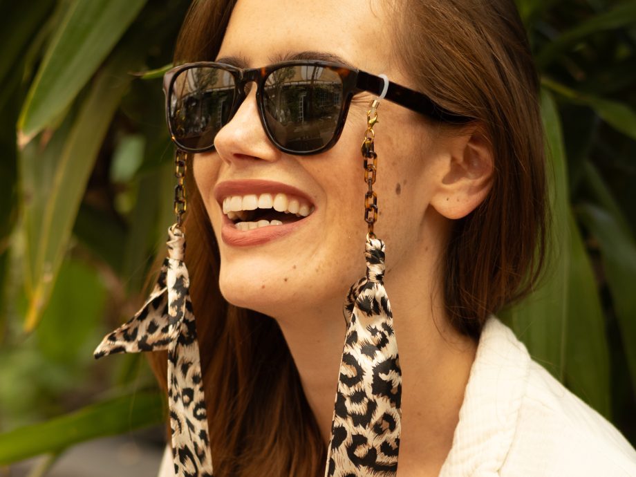 Cleo - Leopard Print Fabric Tortoiseshell Paperclip Glasses Chain