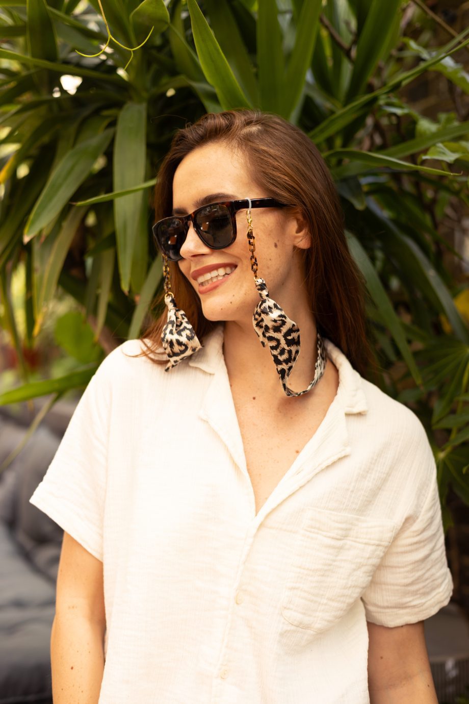 Cleo - Leopard Print Fabric Tortoiseshell Paperclip Glasses Chain