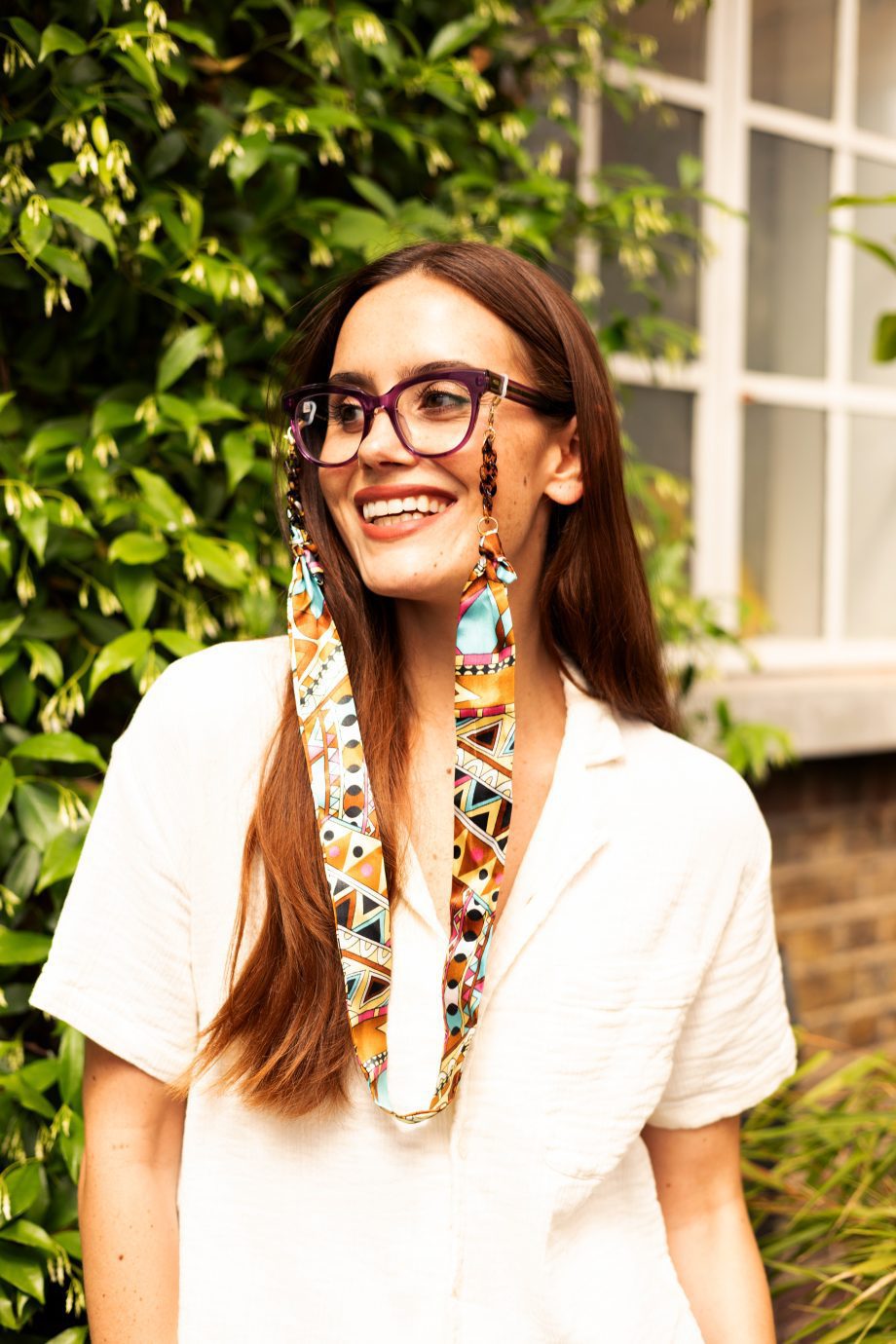 Romy - Colourful Geometric Riviera Print Fabric Tortoiseshell Glasses Chain