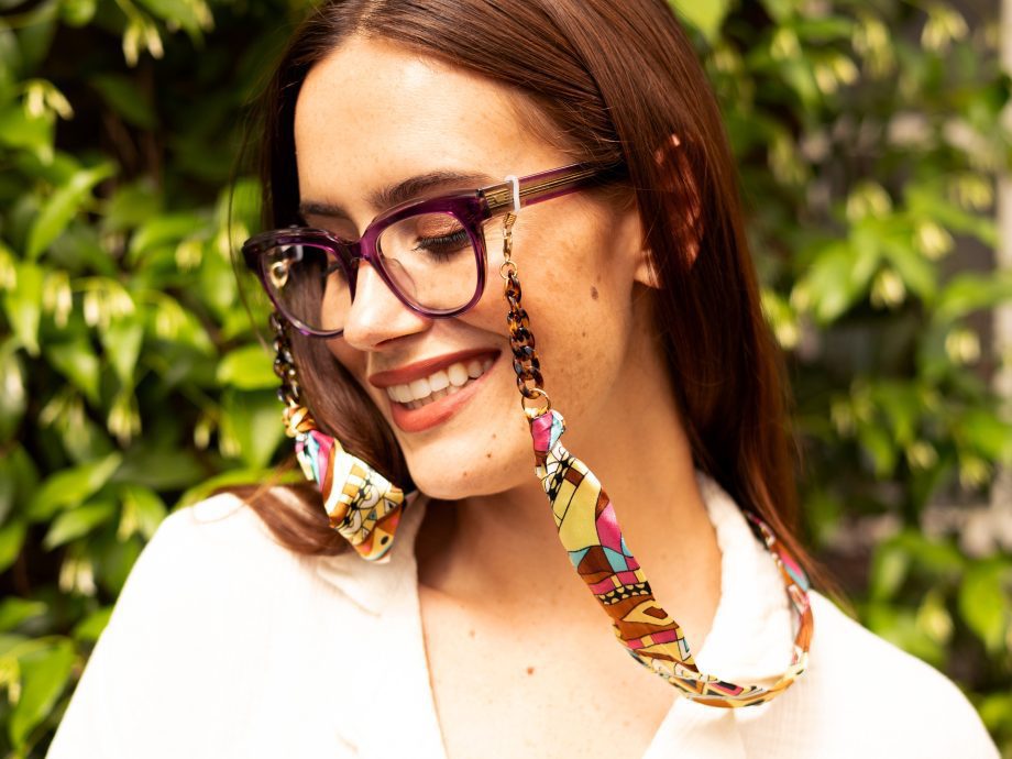 Romy - Colourful Geometric Riviera Print Fabric Tortoiseshell Glasses Chain