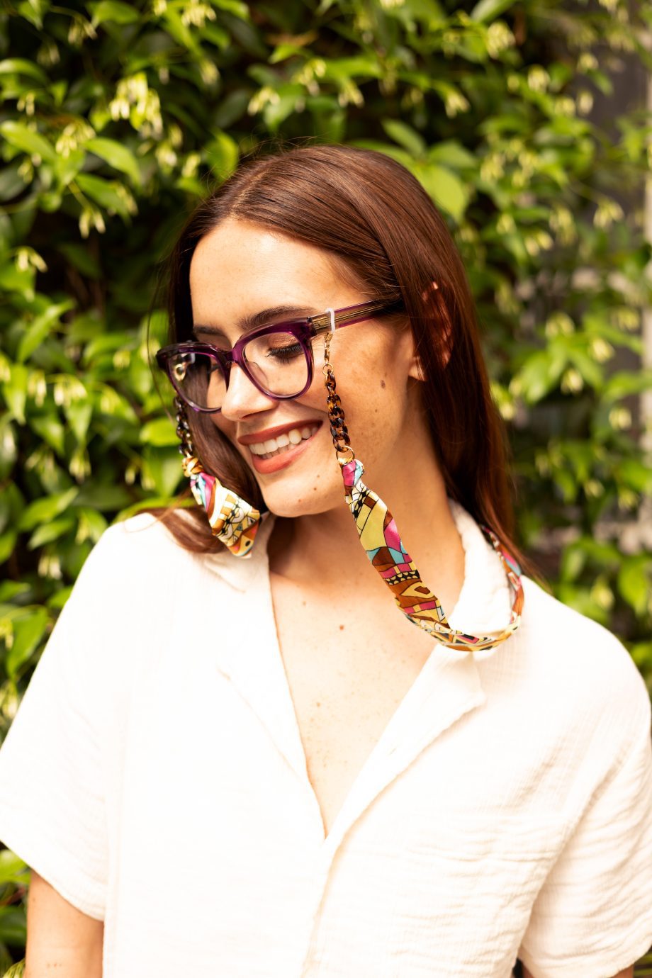 Romy - Colourful Geometric Riviera Print Fabric Tortoiseshell Glasses Chain