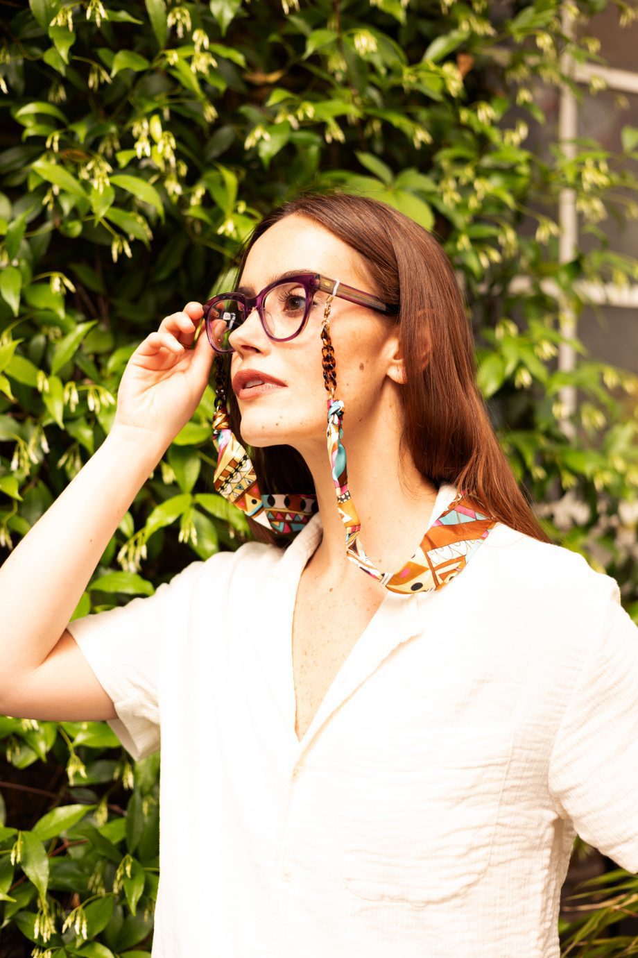 Romy - Colourful Geometric Riviera Print Fabric Tortoiseshell Glasses Chain