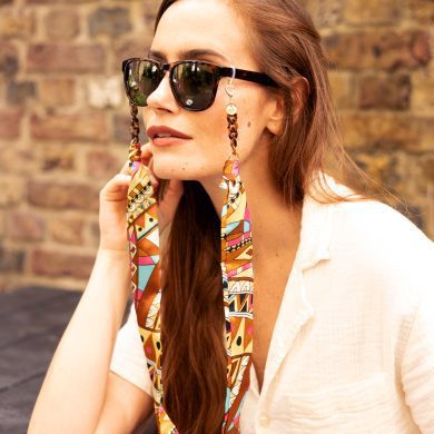 Romy - Colourful Geometric Riviera Print Fabric Tortoiseshell Glasses Chain