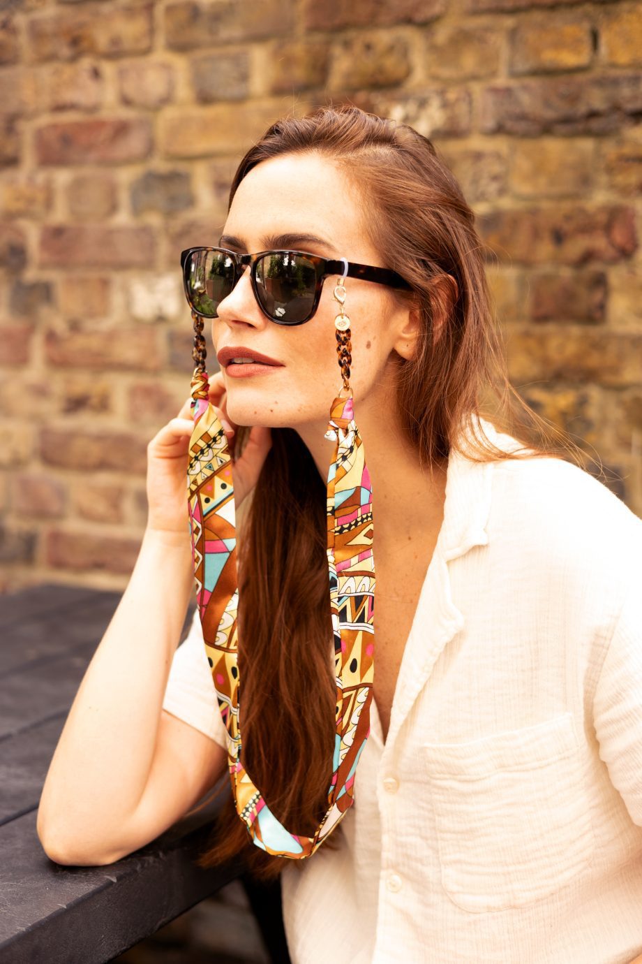 Romy - Colourful Geometric Riviera Print Fabric Tortoiseshell Glasses Chain